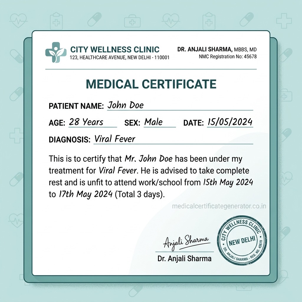 Sample medical certificate for fever leave showing all required fields