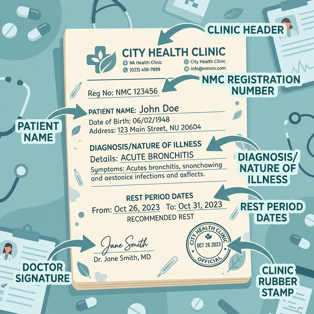Sample handwritten medical certificate format with key fields labelled