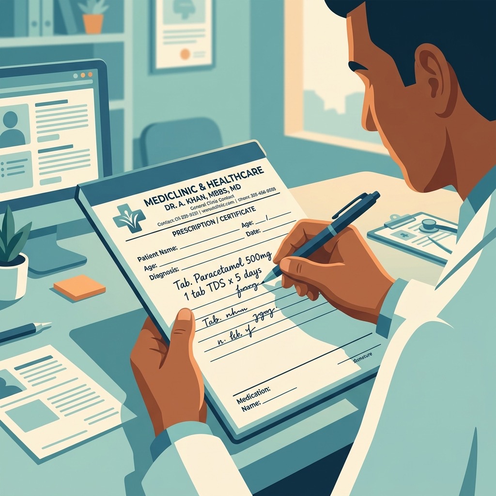 Indian doctor writing a handwritten medical certificate on a clinic prescription pad
