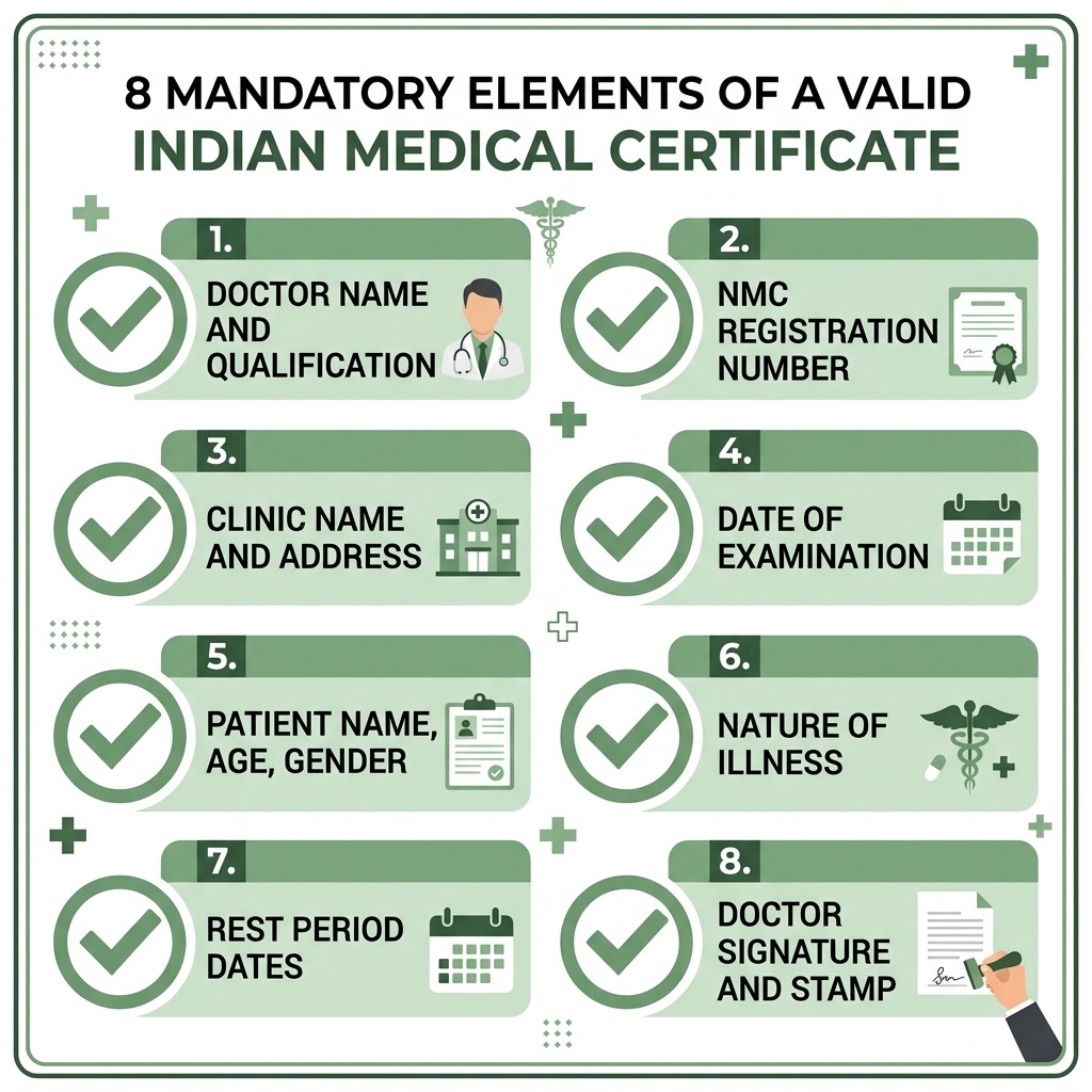 Checklist of 8 mandatory elements in a valid Indian medical certificate
