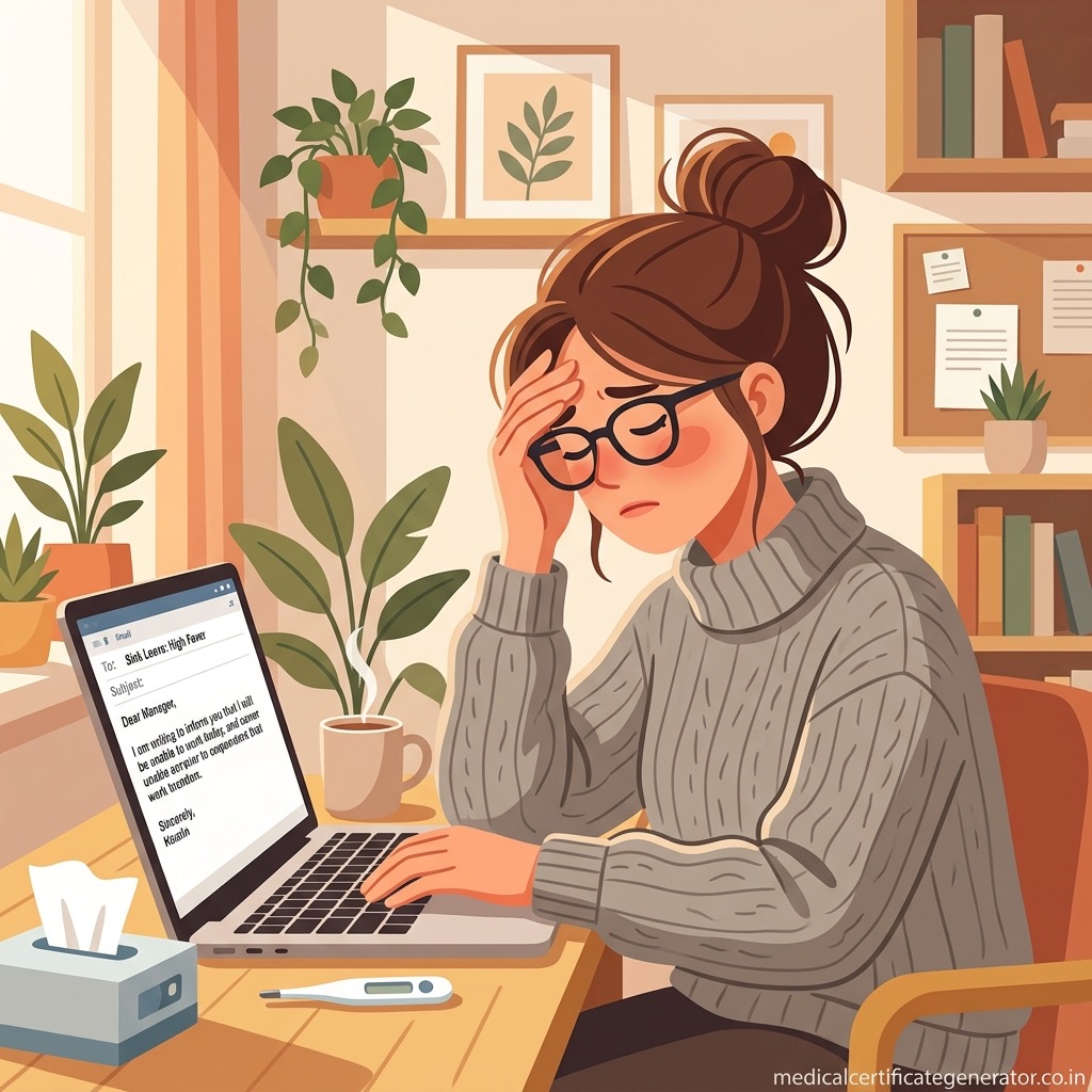 Office employee sending a sick leave email for fever from home