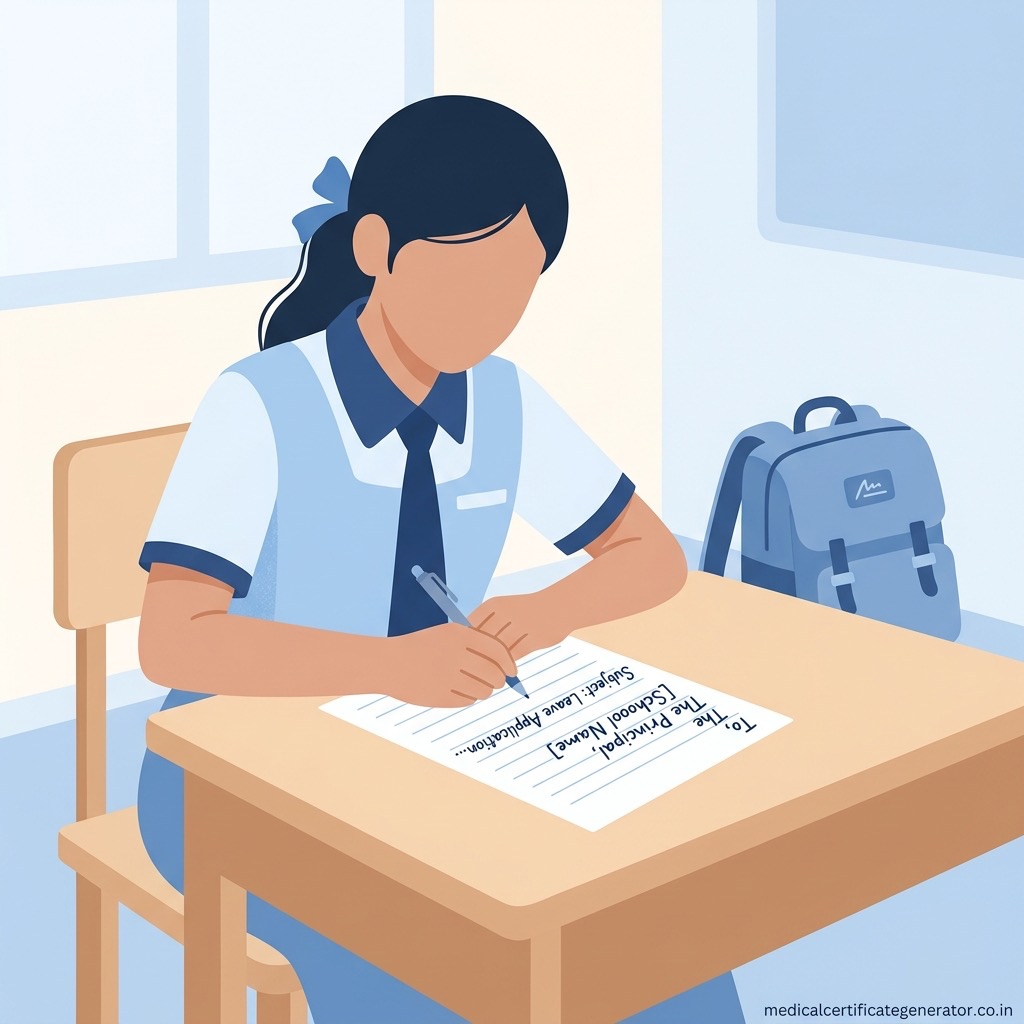 School student writing a fever leave application letter