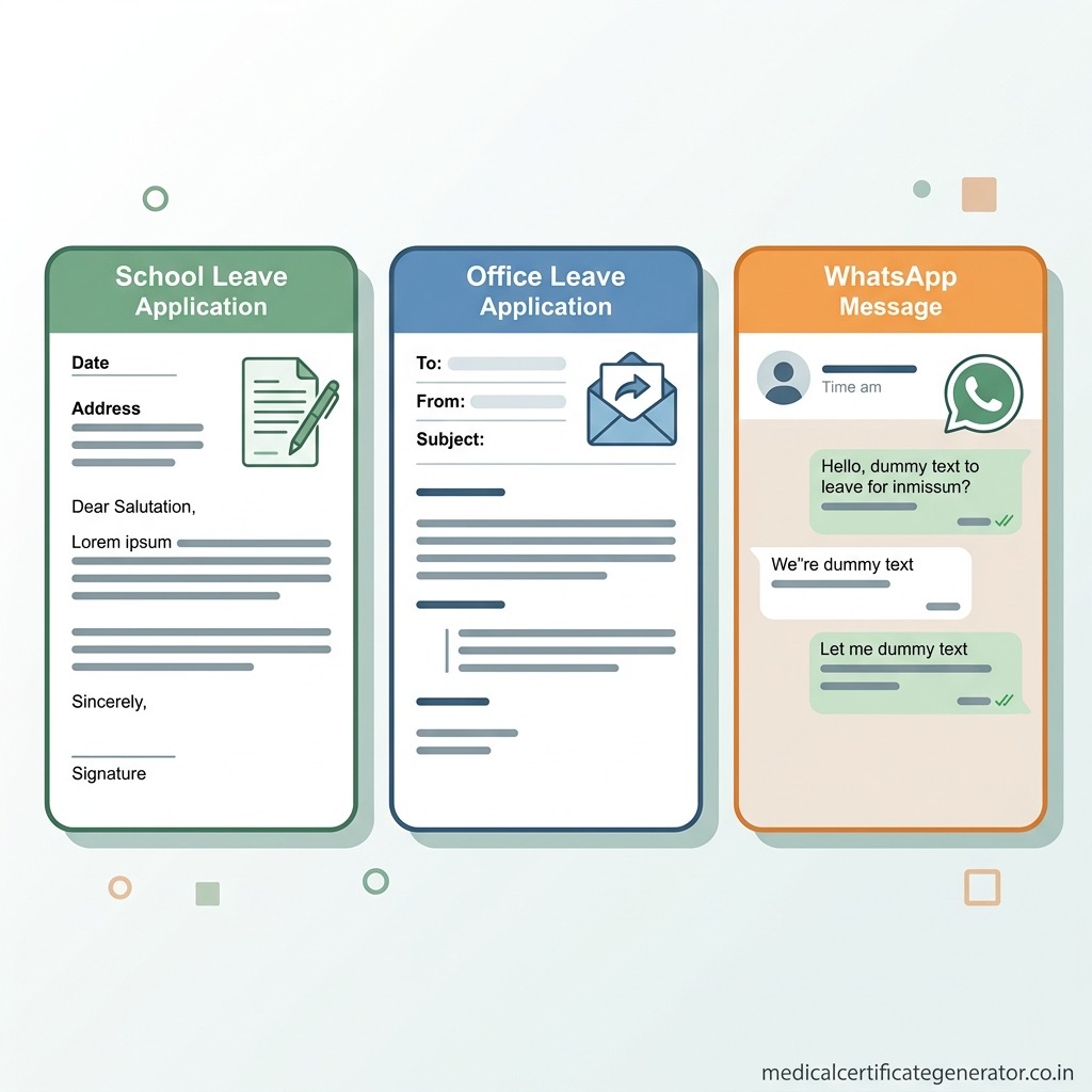 Three types of one-day sick leave applications: school, office, and WhatsApp